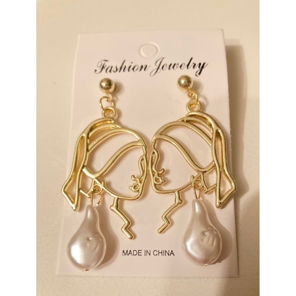 Abstract Gold Line Face Earrings with Baroque Pearl Drop Artistic Statement new - Picture 4 of 7